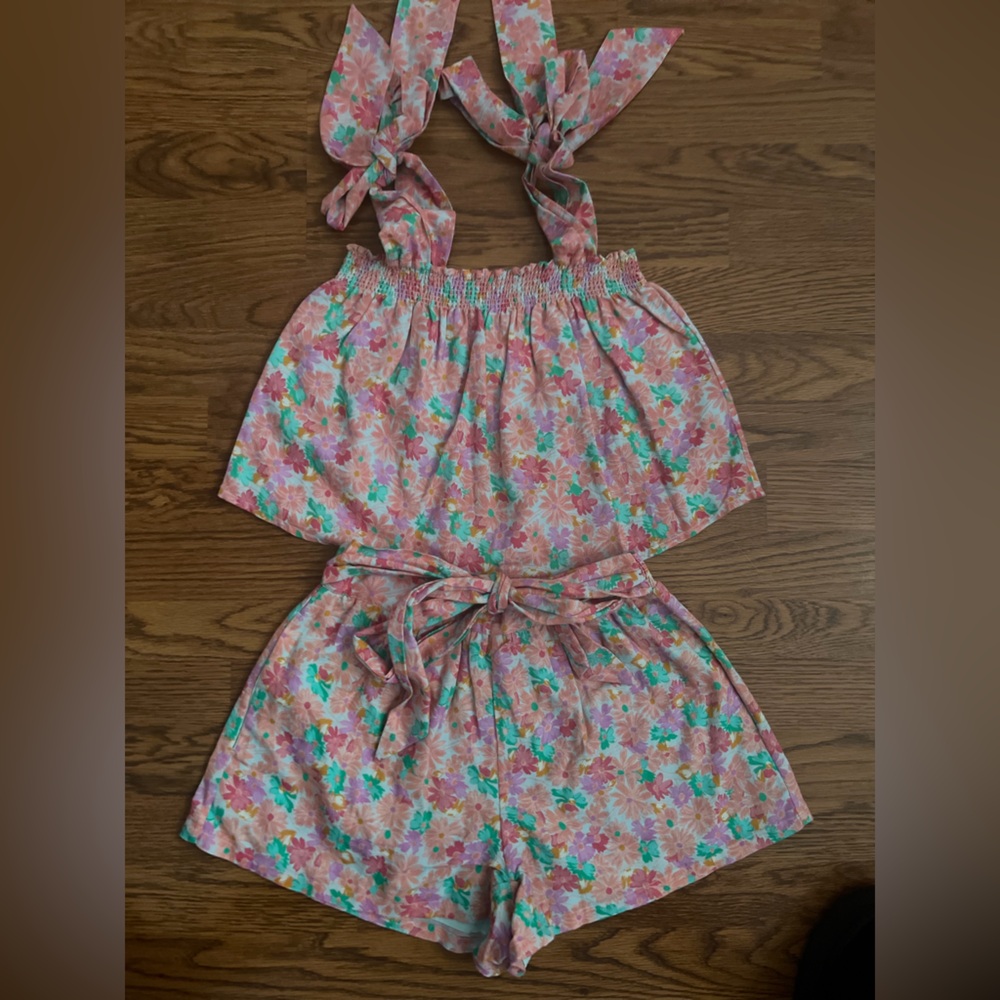 Something Navy Floral Pink Green Babydoll Top and Shorts Matching Co-Ord‎ Set !!
